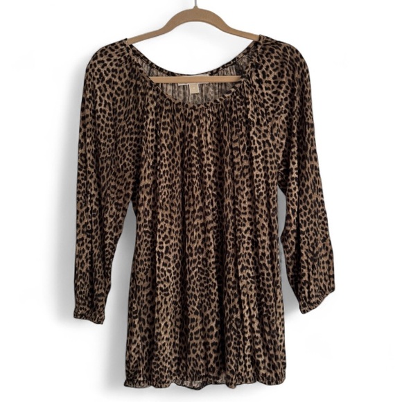 NWT Michael Kors Leopard Print Top Brown Black Scoop Neck Blouse Size Medium - Picture 1 of 5